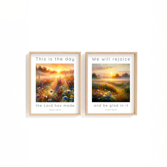 Inspiring Christian decor set featuring joyful Psalm 118:24 scripture on peaceful meadow backgrounds.