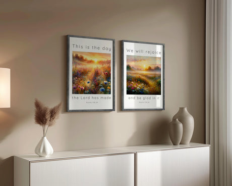 Faith-filled Bible verse prints showing sunrise meadows with “This is the day the Lord has made.”