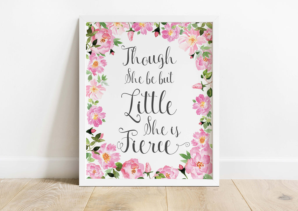 Pink and white floral nursery decor with empowering Shakespeare quote, Nursery wall decor for a fierce and delicate ambiance