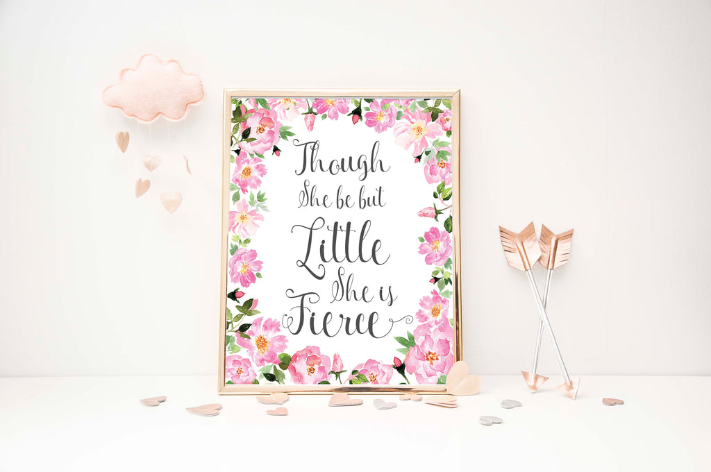 Empowering Shakespearean quote surrounded by watercolor roses nursery print, Whimsical nursery art celebrating strength of little ones
