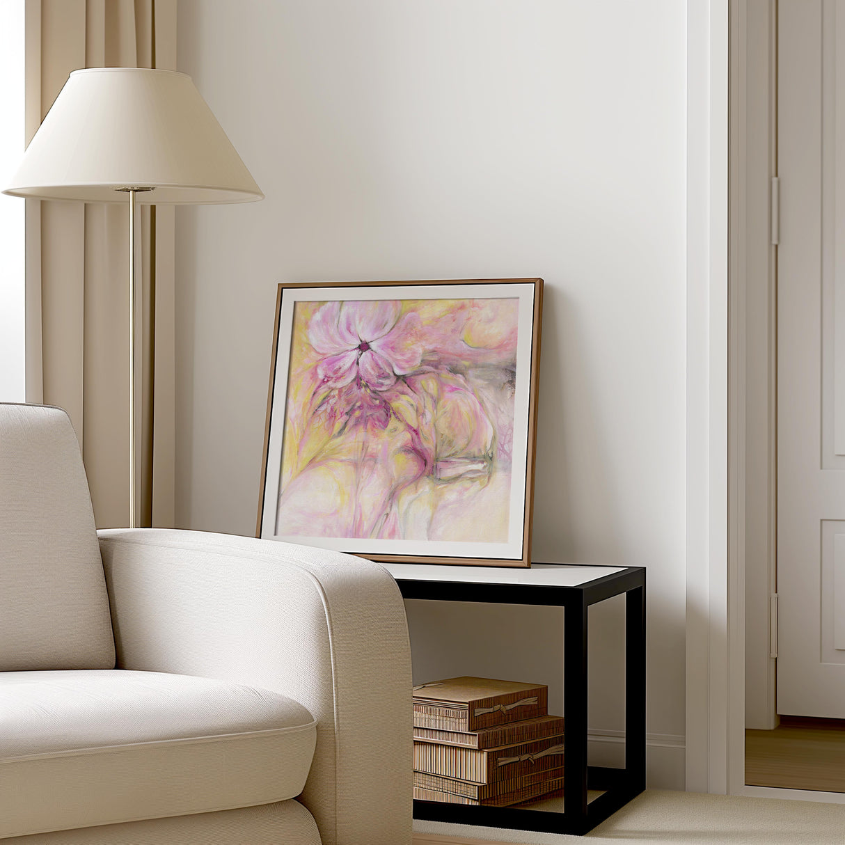 'Through It All' - uplifting art with pinks, lime accents and raw umber.