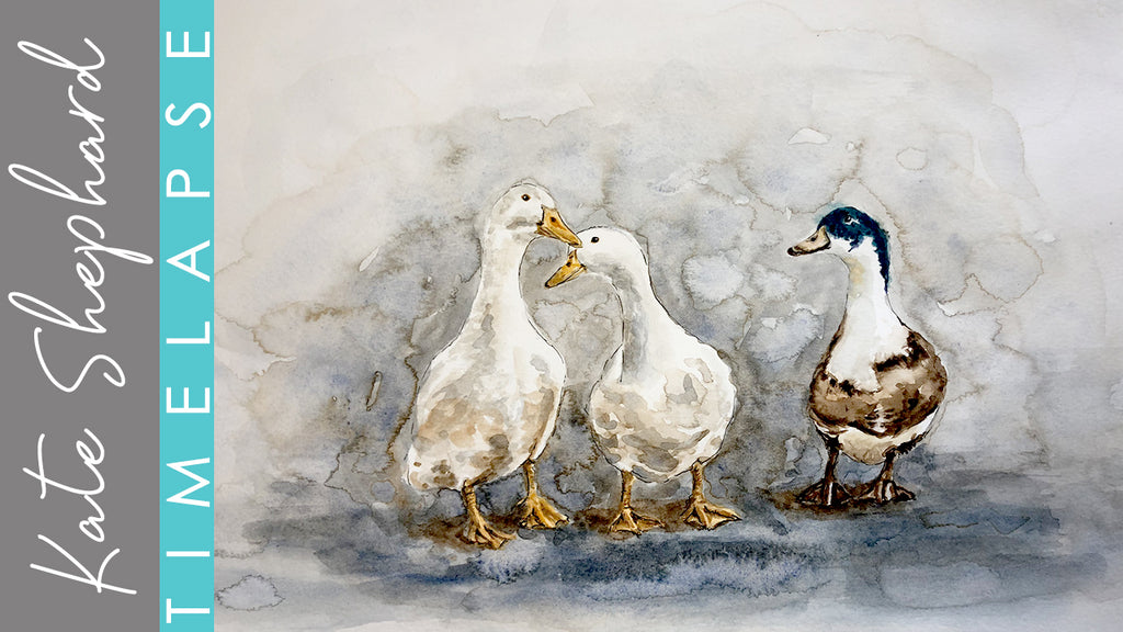 Timelapse video link: Watch the captivating process of painting three charming ducks in watercolors, a delightful artistic journey captured in fluid strokes and vibrant hues