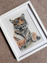 Tiger wall art with D-clips and picture wire, Coloured pencil tiger drawing mounted and framed, original artwork for sale