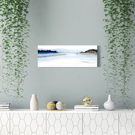 Coastal oil painting with jetty and peninsula view, highlighted with gold shimmer.Shimmering Shores collection piece showing Sandbanks and Brownsea in abstract tones.