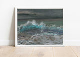 Oceanic wave art print in soft greys and vibrant turquoise.