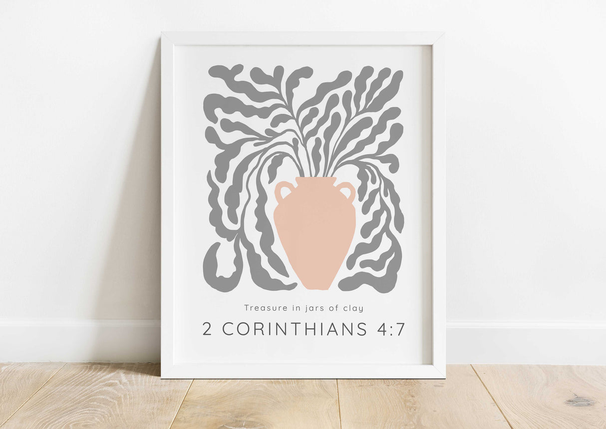 Treasure In Jars Of Clay Bible Verse Wall Art Christian Pastel Print, 2 Corinthians 4:7 Pastel Peach Pot Print