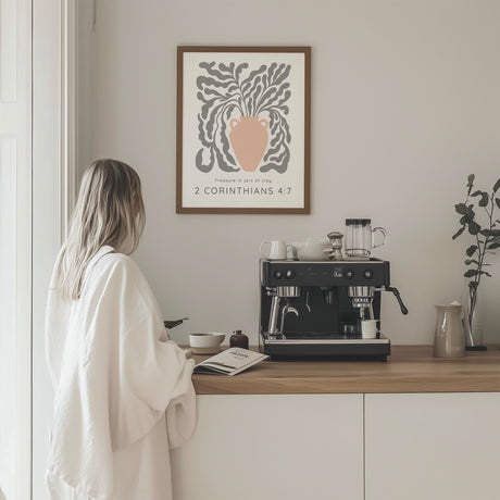 Pastel peach pot and vine 2 Corinthians 4:7 print with "Treasure In Jars Of Clay" Bible verse wall art.