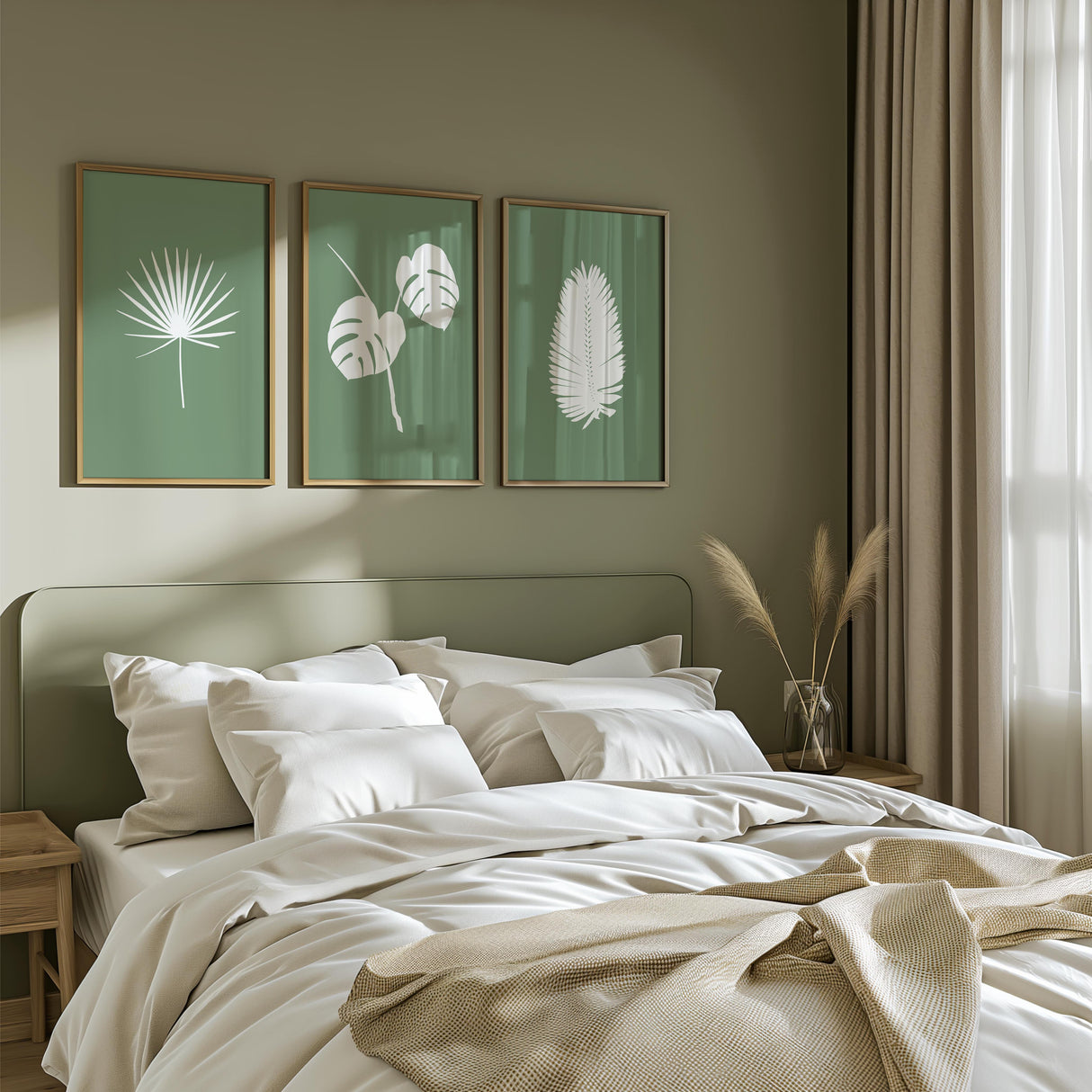 Tropical-inspired botanical line art prints, showing three different hand-drawn leaf silhouettes, available with personalized background colours.