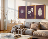 A set of three botanical prints featuring delicate, hand-drawn tropical leaf silhouettes in fine line art, with customizable background colours.