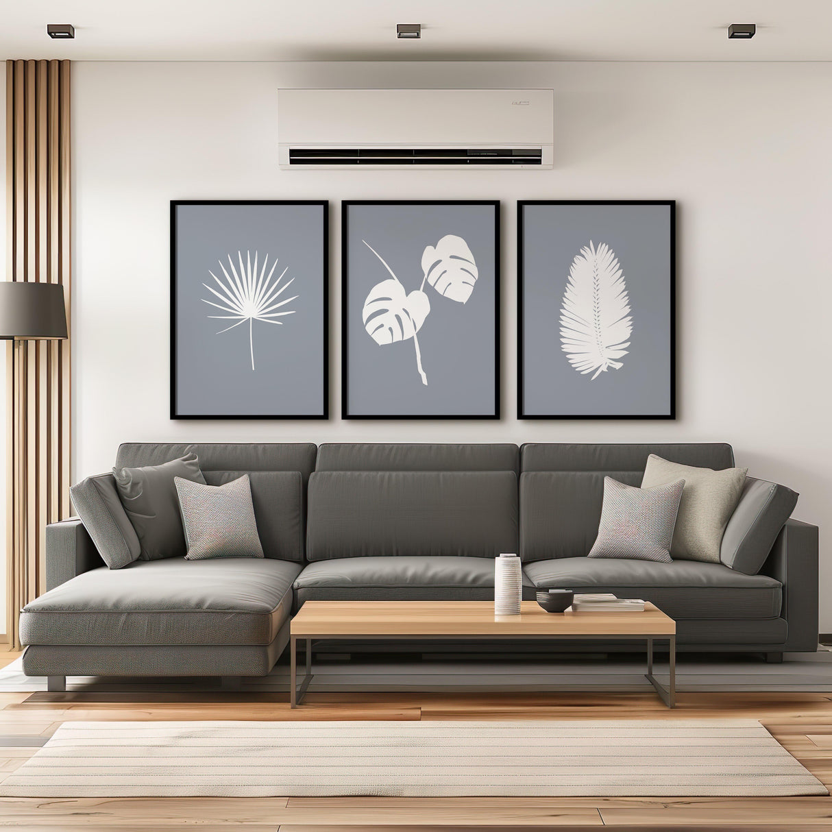 Hand-drawn tropical leaves in minimalist line art style, presented as a set of three coordinating prints with optional background colours.