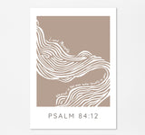 Transform Your Space with Psalm 84:12 Print - White Abstract River and Trusting Lord Quote on Tan