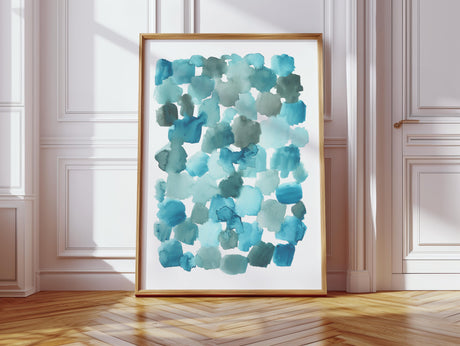 Minimalist art print with fluid turquoise watercolor forms on a light background.
