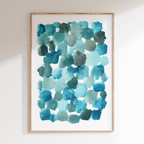 Abstract watercolor print featuring soft turquoise shapes blending beautifully.