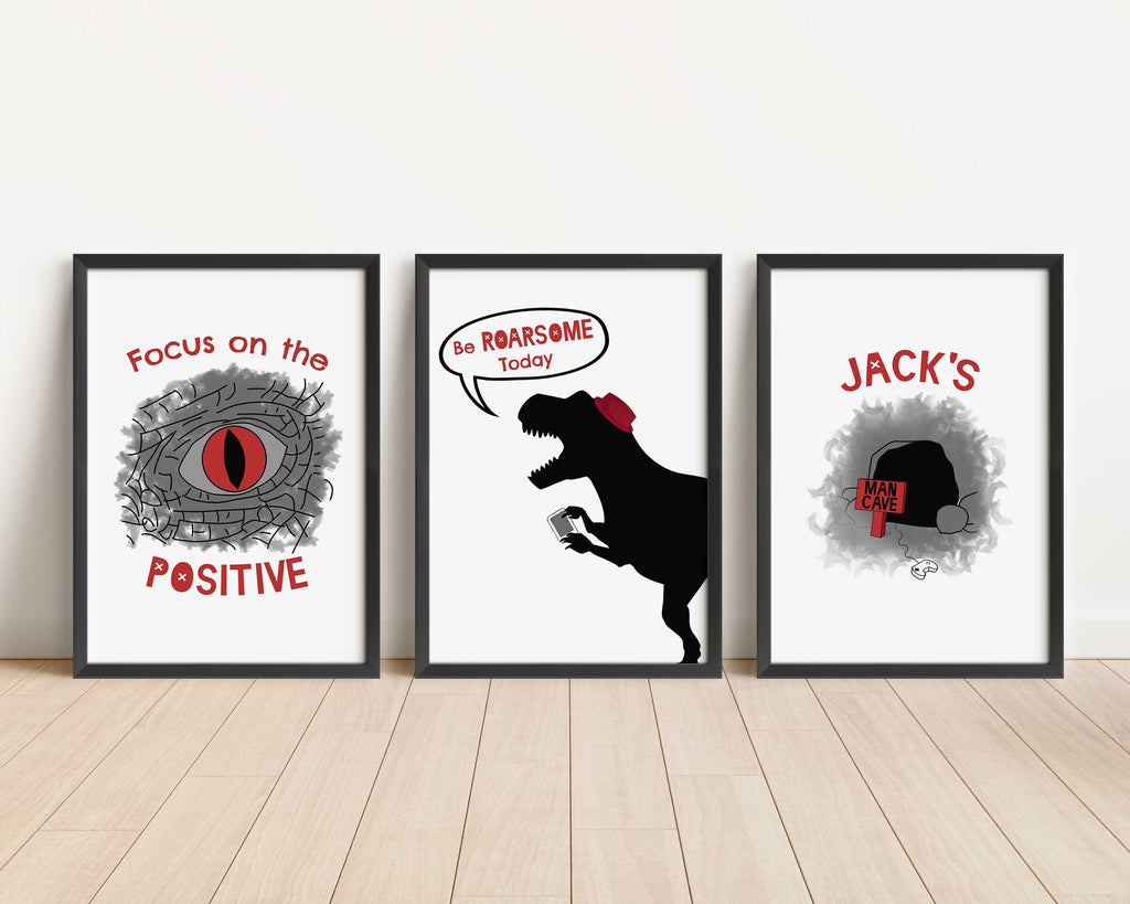 Customisable T-Rex print with speech bubble, Dinosaur eye print for positive mindset, Roarsome T-Rex print with red hat