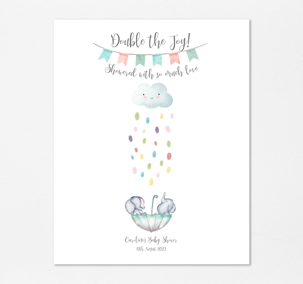 Elephant themed twin baby shower decor with fingerprint keepsake, Unique fingerprint keepsake print for twin baby shower