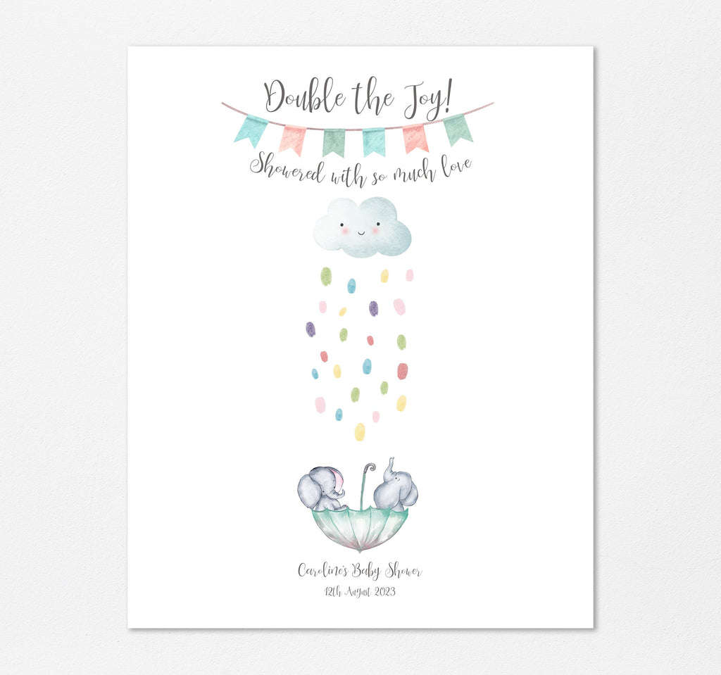 Elephant themed twin baby shower decor with fingerprint keepsake, Unique fingerprint keepsake print for twin baby shower