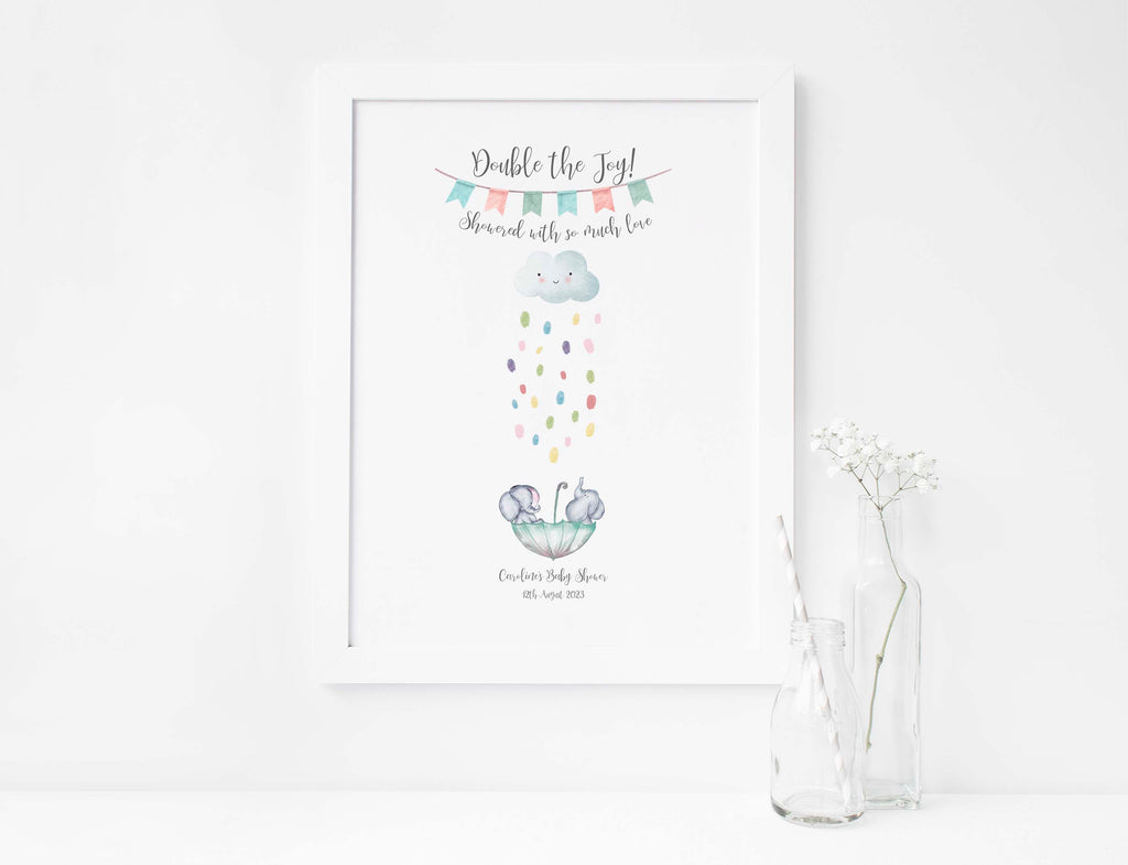 Elephant baby shower guest book alternative with personalized wording, Twin baby shower fingerprint/thumbprint guestbook print