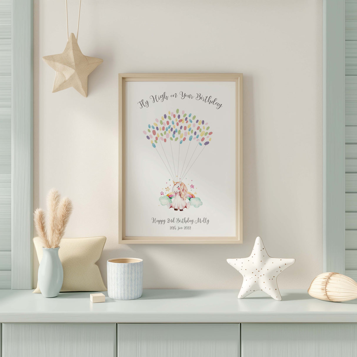 A magical birthday guest book alternative where guests leave colorful fingerprints as balloons.