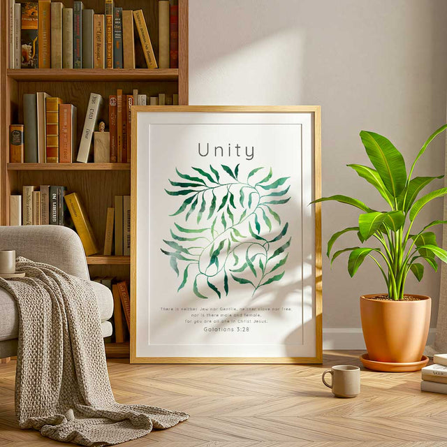 Galatians 3:28 - Faith picture featuring intertwining green leaf illustration and Galatians 3:28 scripture text.