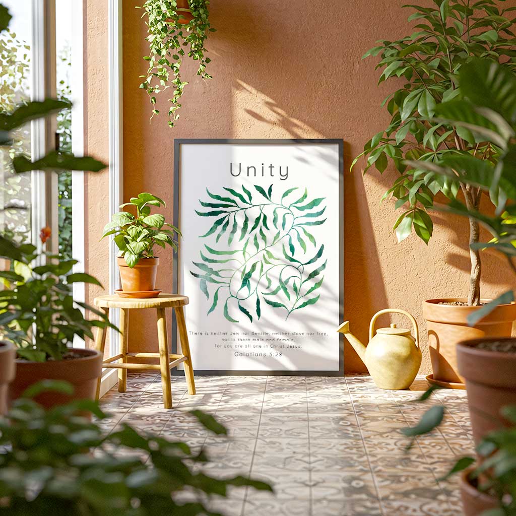 Galatians 3:28 - Scripture wall art with flowing watercolour botanical design in fresh green tones and unity verse.