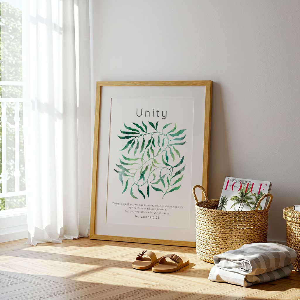 Galatians 3:28 - All One In Christ faith picture with intertwining green leaves and clean white background.