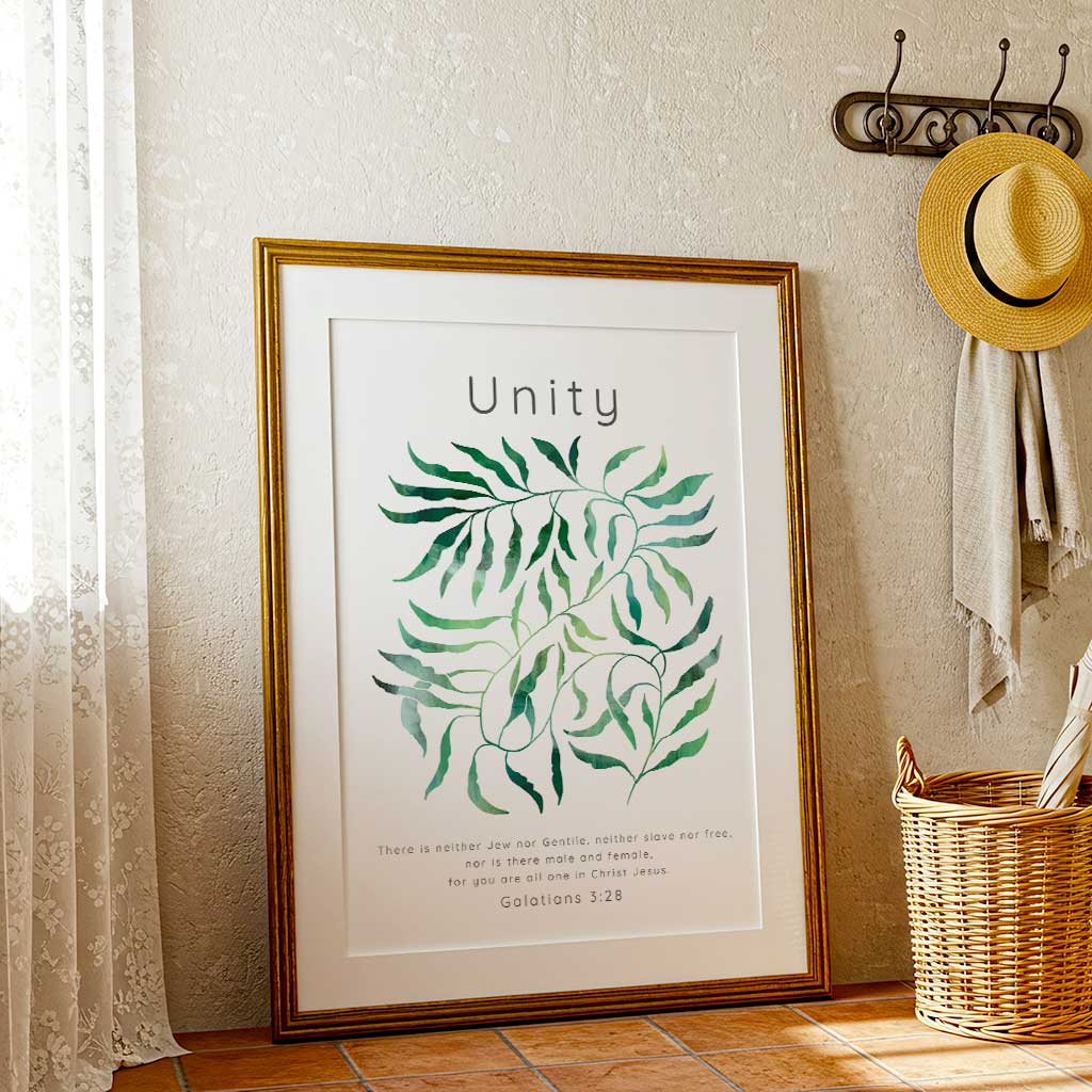 Galatians 3:28 - Christian wall art featuring flowing botanical illustration with Galatians 3:28 unity scripture.