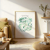 Galatians 3:28 - Bible verse unity quote print with soft watercolour green leaf design on clean white background.
