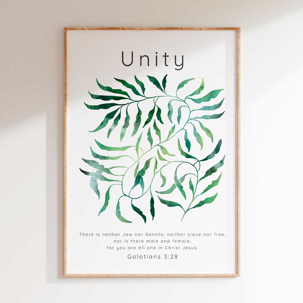 Galatians 3:28 - Scripture wall art print with intertwining watercolour green leaves and Unity heading on white background.