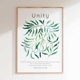 Galatians 3:28 - Scripture wall art print with intertwining watercolour green leaves and Unity heading on white background.