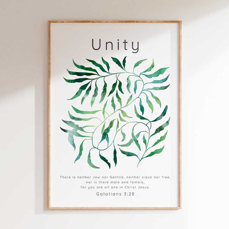 Galatians 3:28 - Scripture wall art print with intertwining watercolour green leaves and Unity heading on white background.
