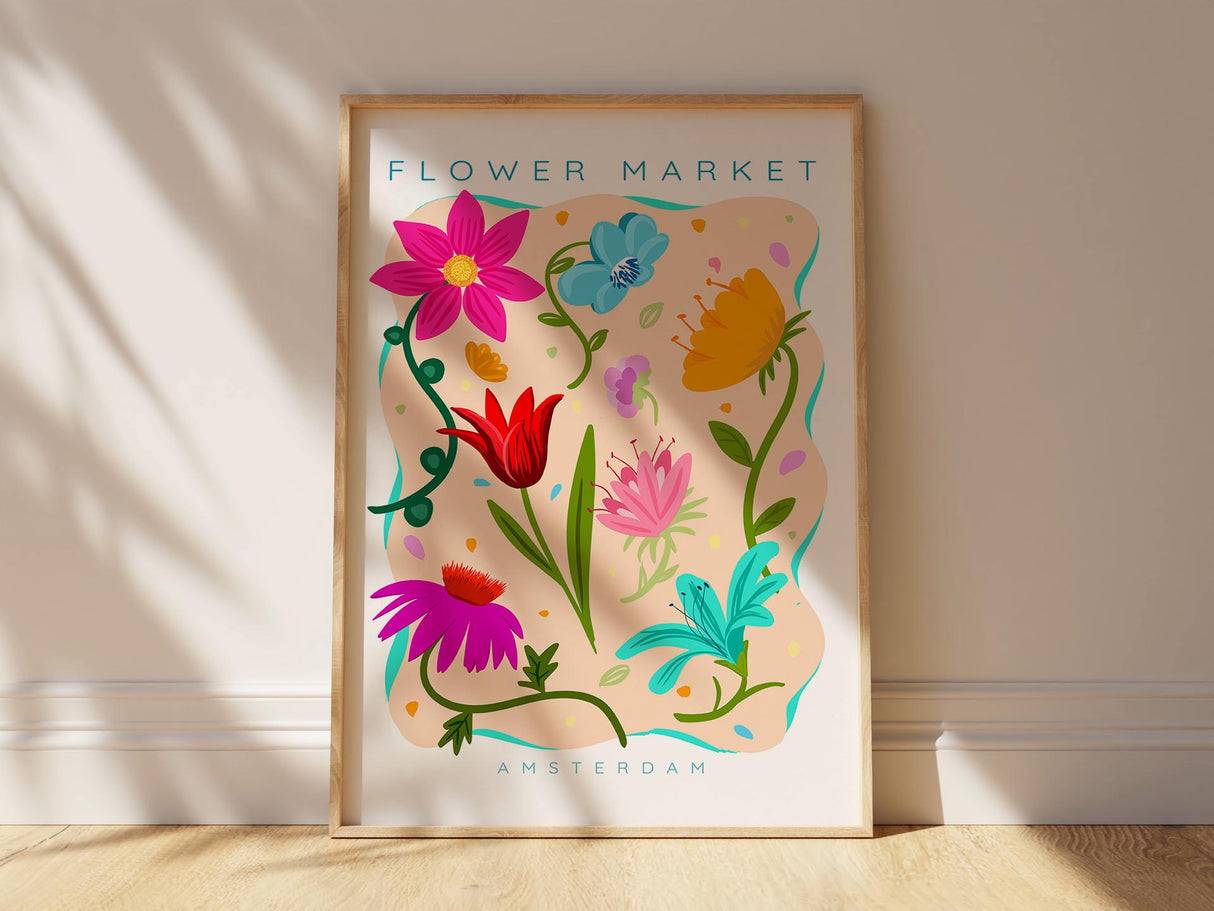 Colourful floral wall art print for modern spaces. Bright floral decor print with European charm.