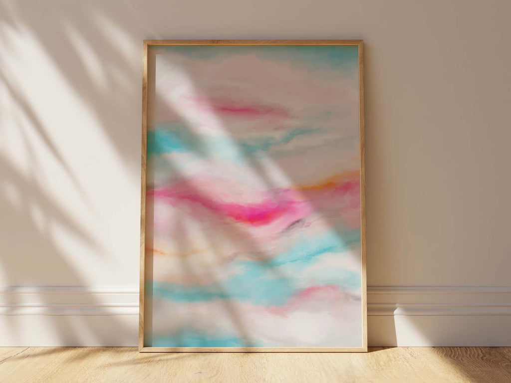 Orange Yellow Clouds Abstract Decor, Turquoise Pink Cloudscape Wall Art, Modern Sunrise Horizon Painting, Turquoise Pink Dawn Print