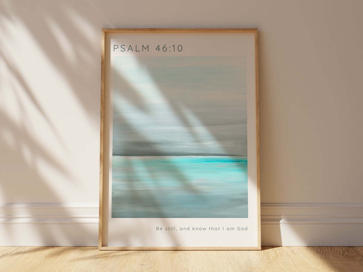 Bible Verse Print with Aqua Serene Sea Psalm 46:10, Tranquil Ocean Scripture Art Psalm 46:10, psalm 46 wall art print