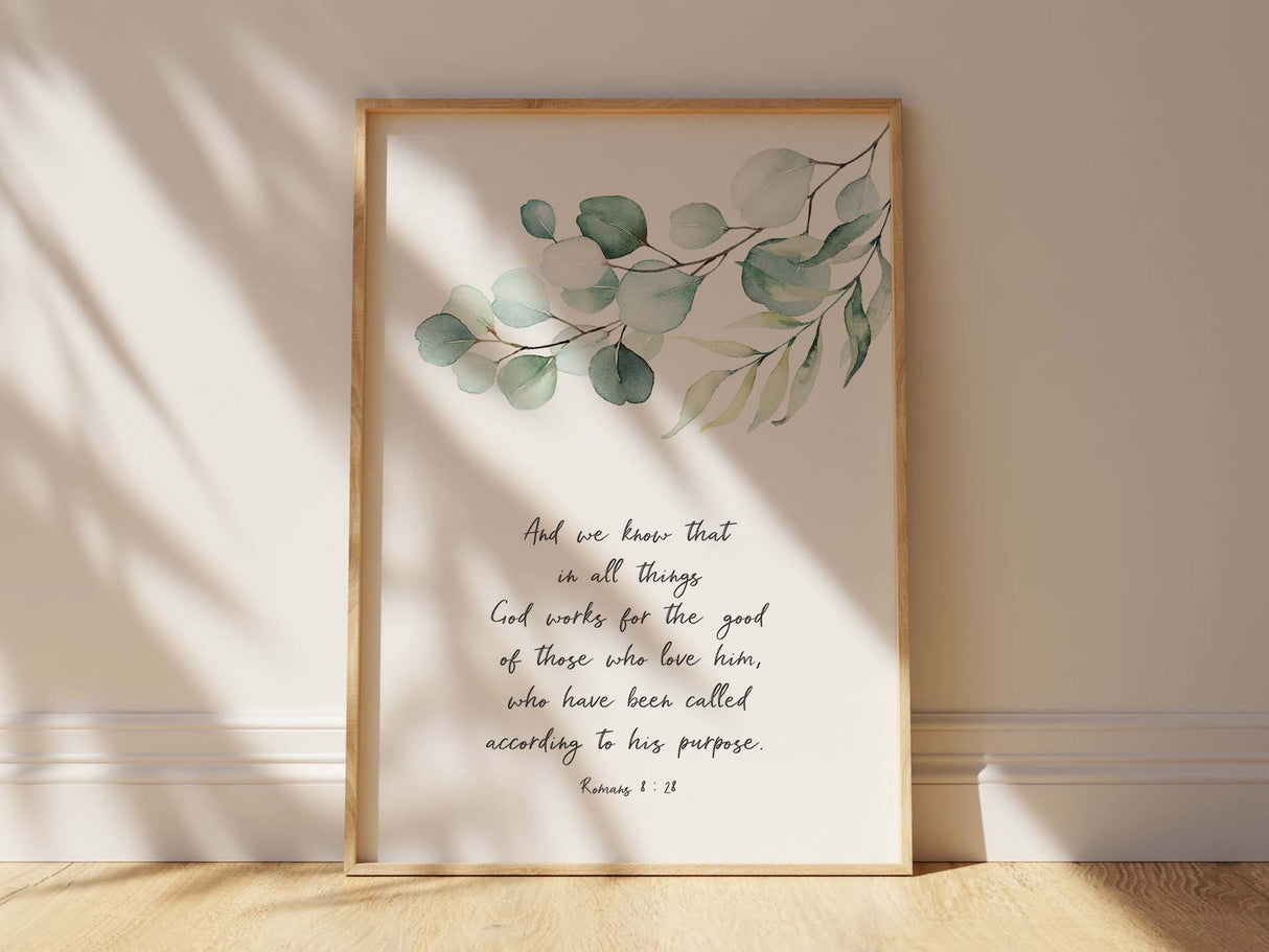 Christian wall art with Romans 8:28 quote, Nature-inspired Romans 8:28 Christian decor, Inspirational botanical scripture wall print