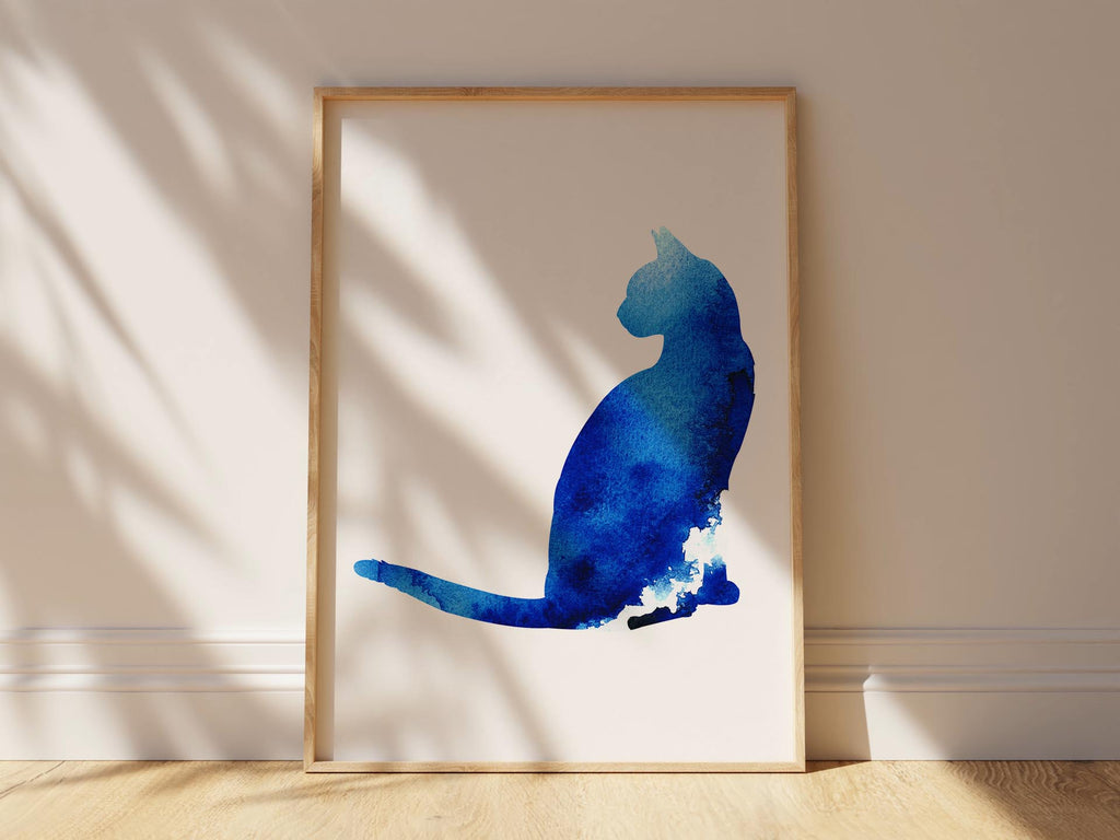 Blue cat silhouette painting for sale, Abstract watercolor feline wall decor, Unique blue cat silhouette art print