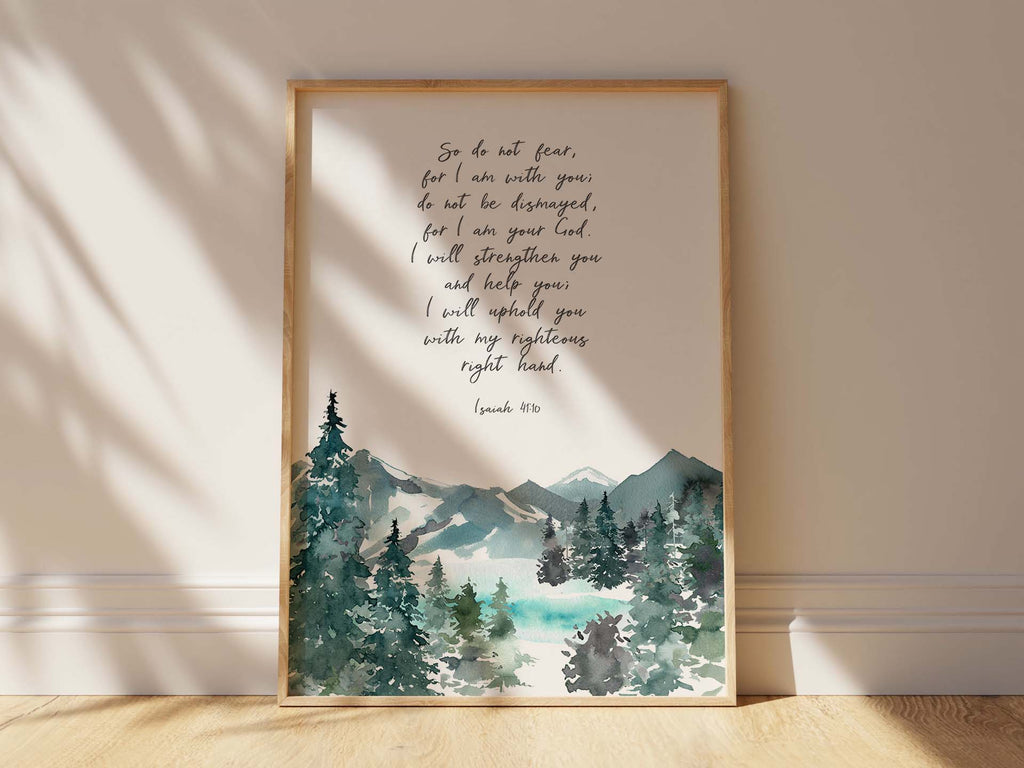 Inspirational wall art for strength and reassurance, Scripture-based home decor with mountain motif, Biblical encouragement art print