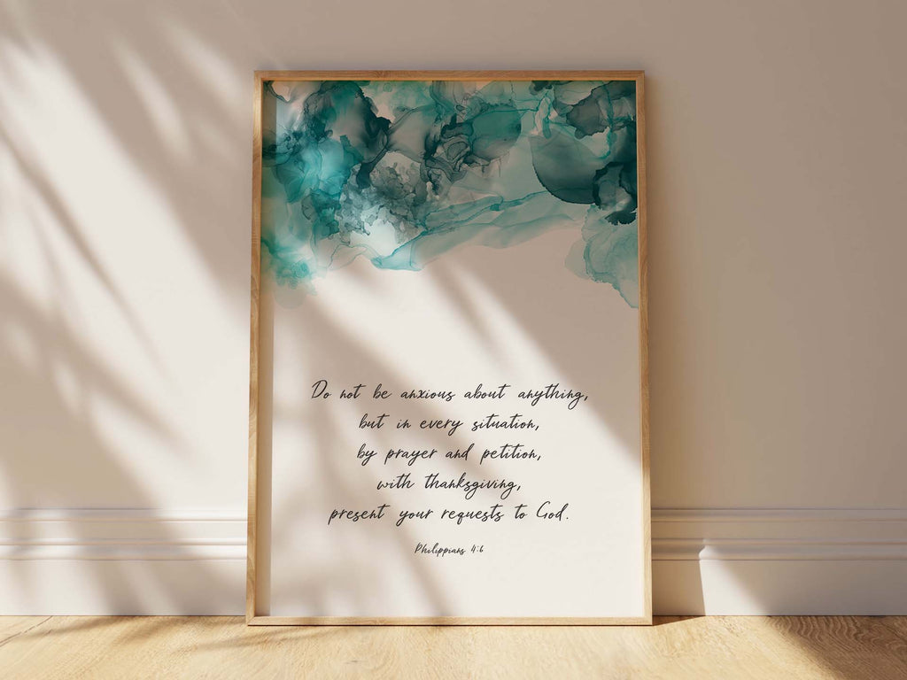 Turquoise and black abstract Christian wall art, Philippians 4:6 scripture decor in ink, ink wall art for calming prayer space