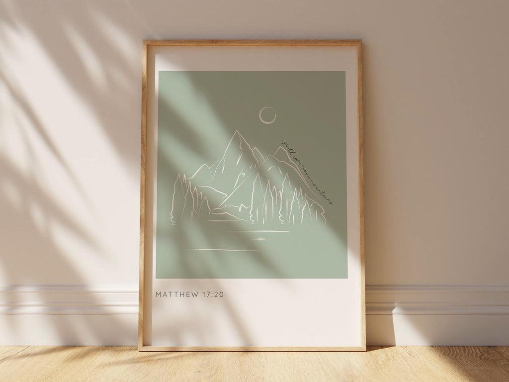 Sage green faith can move mountains art for believers, Inspirational mountain line art with powerful faith message