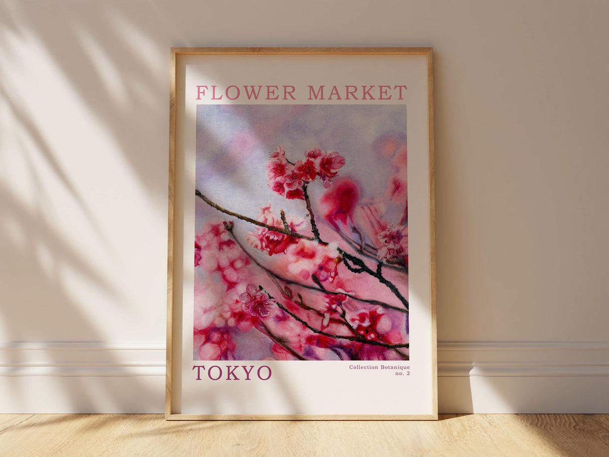 Pink floral print with text accents. Flower print with “Tokyo” and “Collection Botanique.”