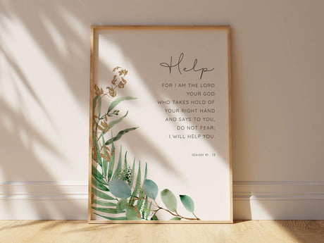 Elegant faith-based print showing Isaiah 41:13 in graceful lettering with botanical illustrations.