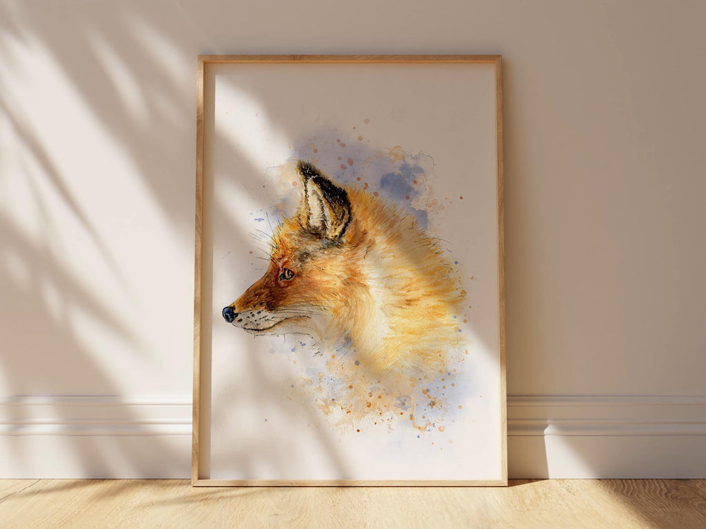 Artistic portrayal of a fox in browns and blues, Loose watercolour fox portrait for stylish interiors, Nature-themed home decor
