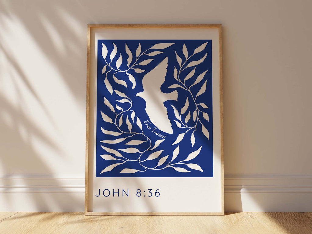 John 8:36 white dove print, 'Free Indeed' quote, serene nature-inspired decor