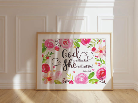 Inspirational Bible verse print for her with soft pink florals and an uplifting message of strength in God.

