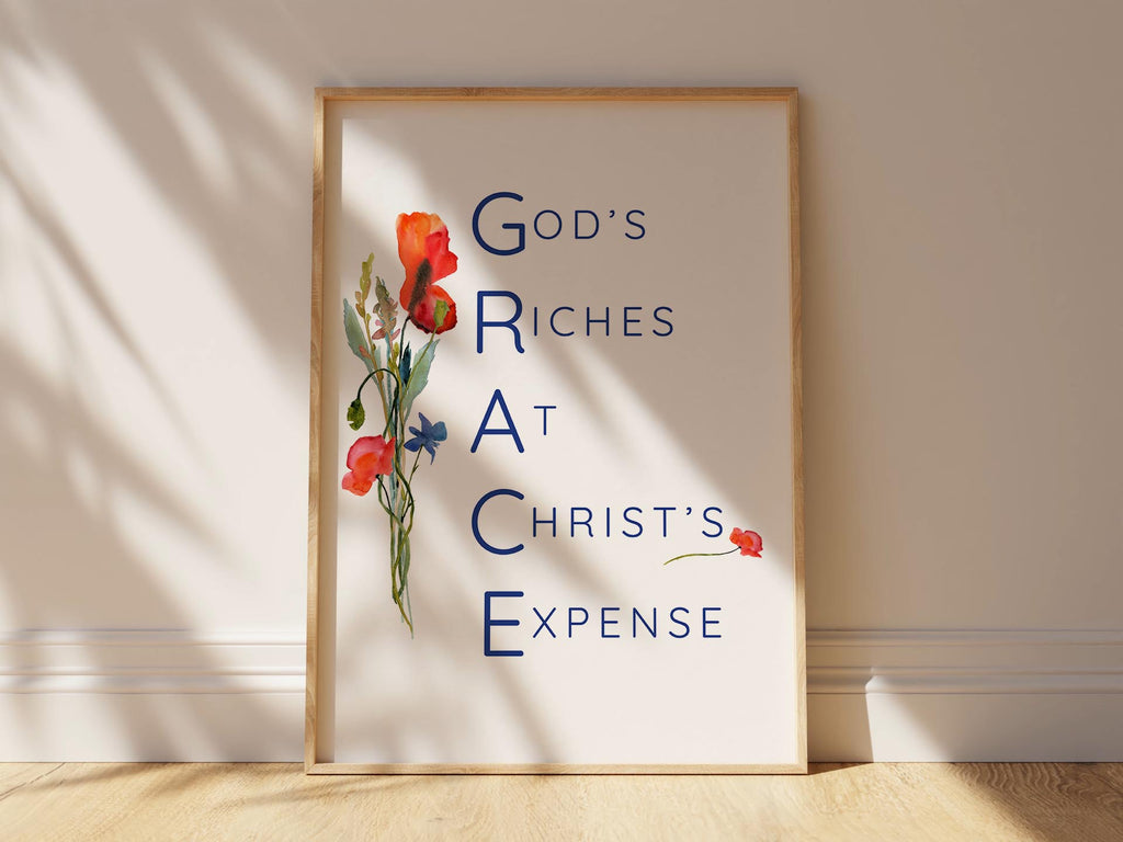 Delicate watercolor flowers and GRACE letters form a heartwarming Christian print, celebrating God's immeasurable blessings