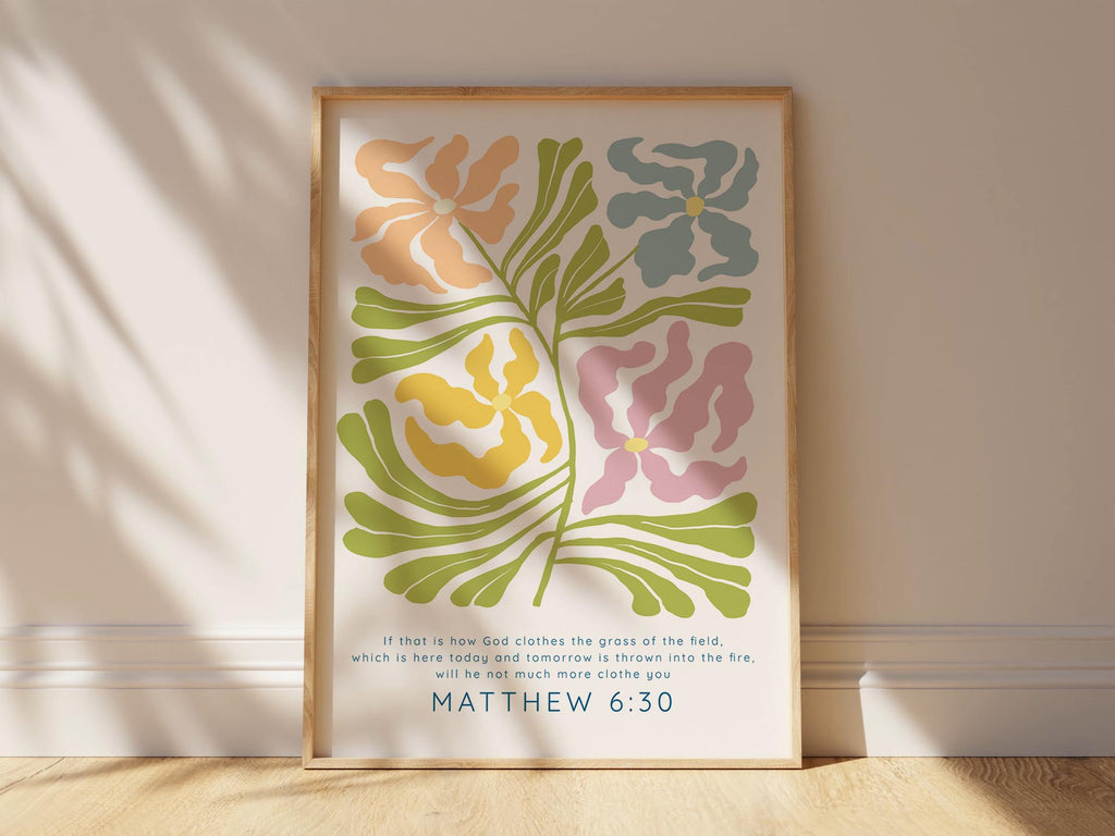 Modern Christian home decor with Matisse floral design, Faithful reminder print with Matisse-inspired Bible verse