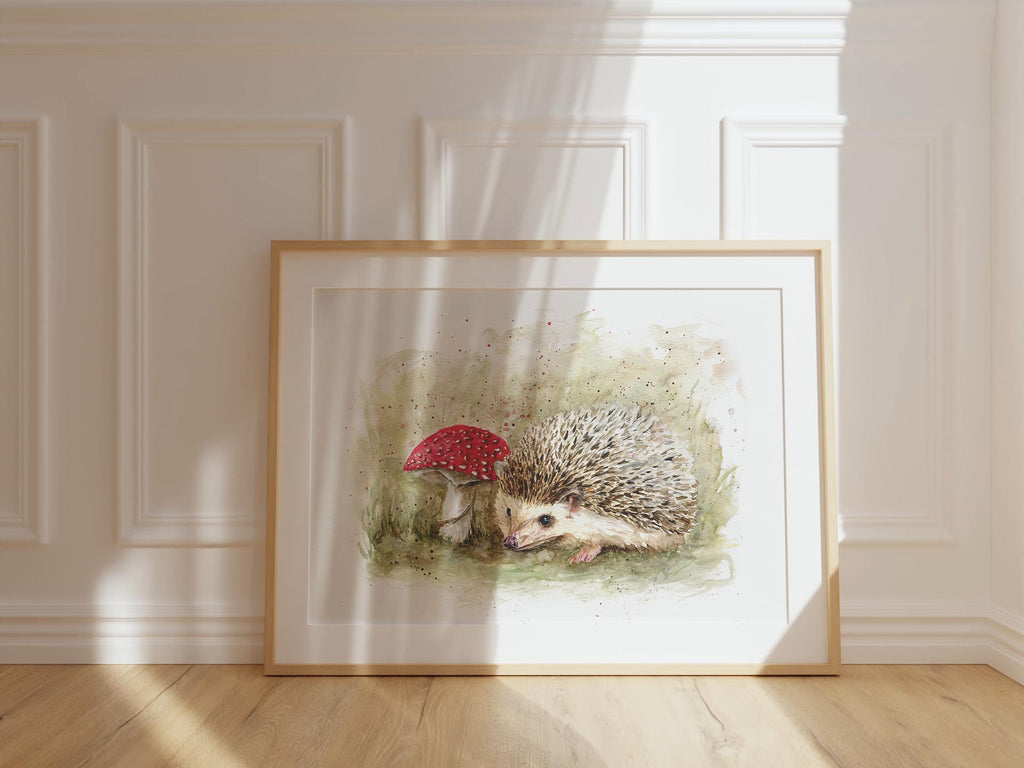 Serene Forest Scene Hedgehog Watercolor Print, Hedgehog and Mushroom Wall Art for Nature Lovers, Hedgehog and Toadstool Illustration