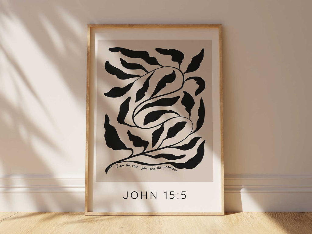 John 15:5 Vine and Branch Wall Art, I am the Vine Tan Background Christian Print, Bible Verse Wall Art with John 15:5