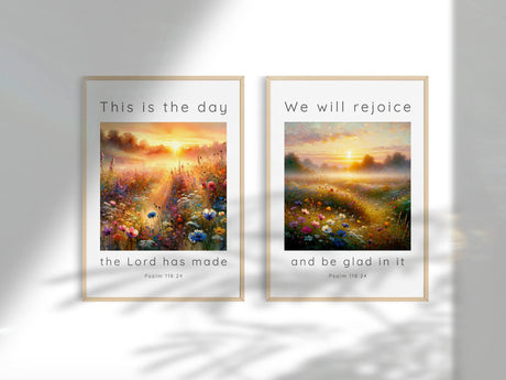 Meadow sunrise scripture prints, featuring "This is the Day" Bible verse quotes.