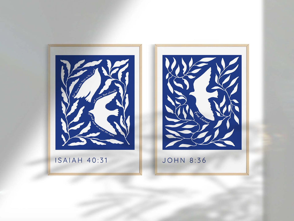 christian art gifts uk, Abstract Christian wall art with scripture – White birds on blue botanical background, Contemporary Christian decor