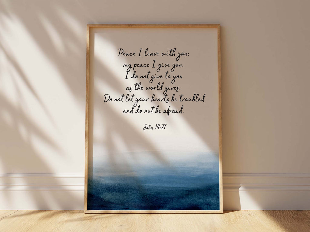 Unique Christian decor with tranquil sea motif, Contemporary indigo watercolor Christian art piece, Peace I Leave With You Print